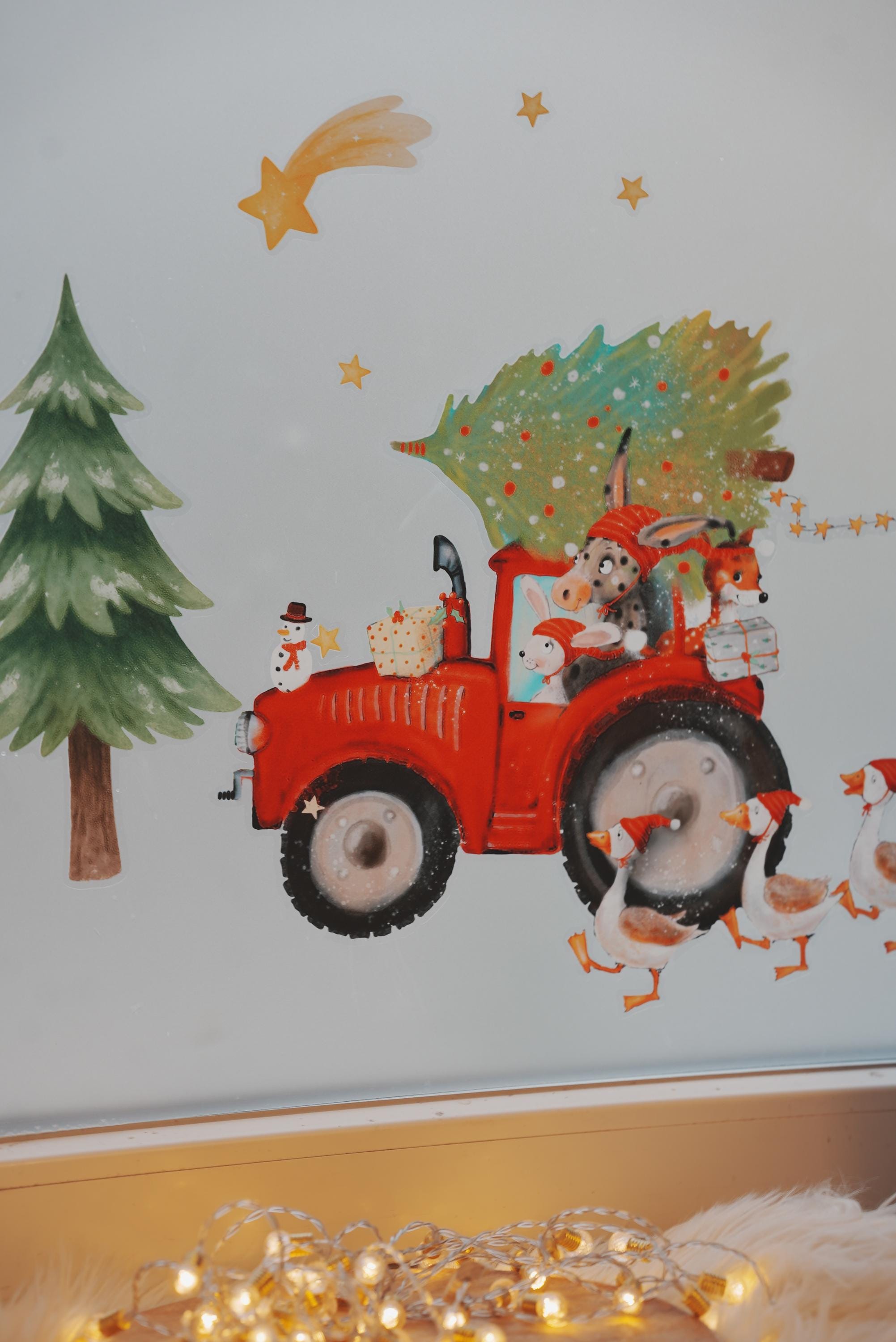 Fensterbild Weihnachten Traktor – Bauernhof Tiere mit Tannenbaum & Geschenken – Weihnachtsdeko Fenstersticker wiederverwendbar – 
