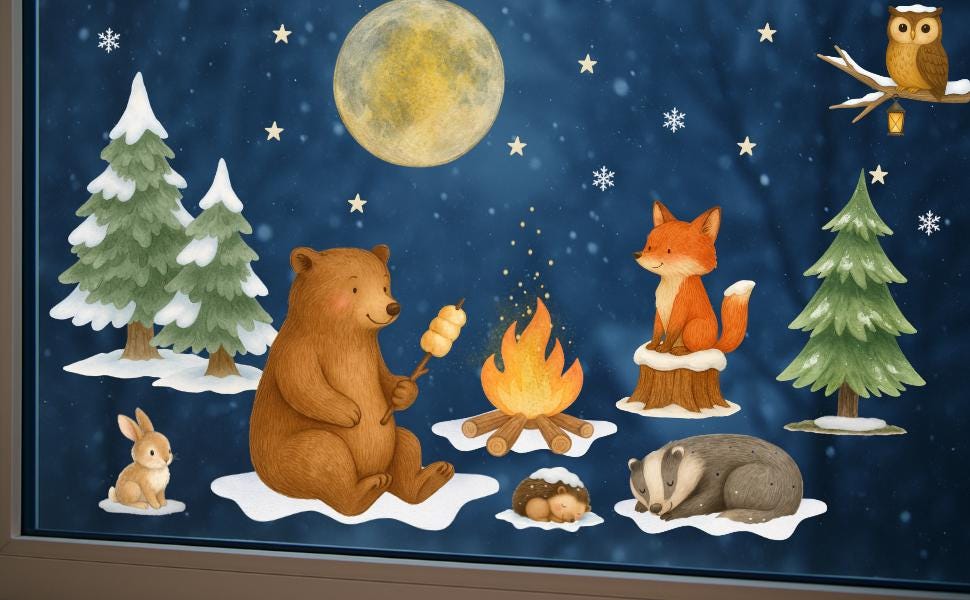 Fensterbild Winterwald Tiere - Bär & Fuchs am Lagerfeuer – statisch haftend und wiederverwendbar – winterliche Fensterdeko – 