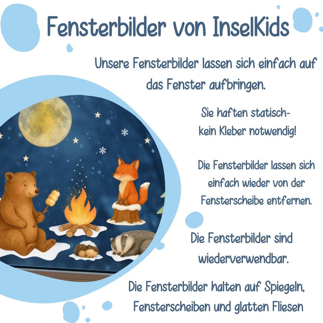 Fensterbild Winterwald Tiere - Bär & Fuchs am Lagerfeuer – statisch haftend und wiederverwendbar – winterliche Fensterdeko – 