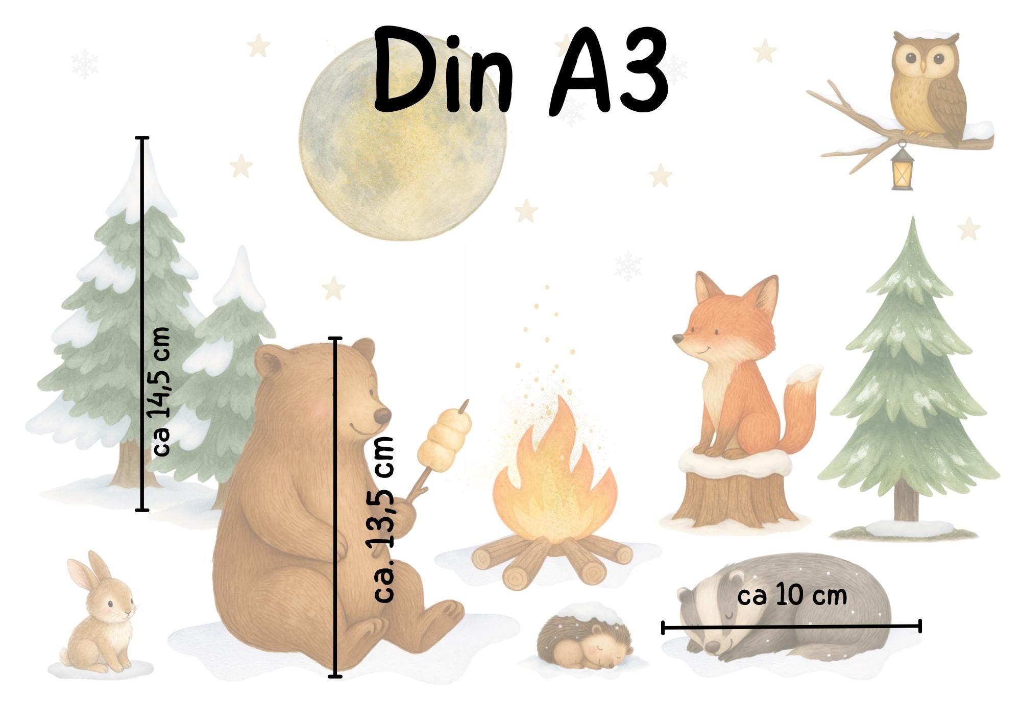 Fensterbild Winterwald Tiere - Bär & Fuchs am Lagerfeuer – statisch haftend und wiederverwendbar – winterliche Fensterdeko – 