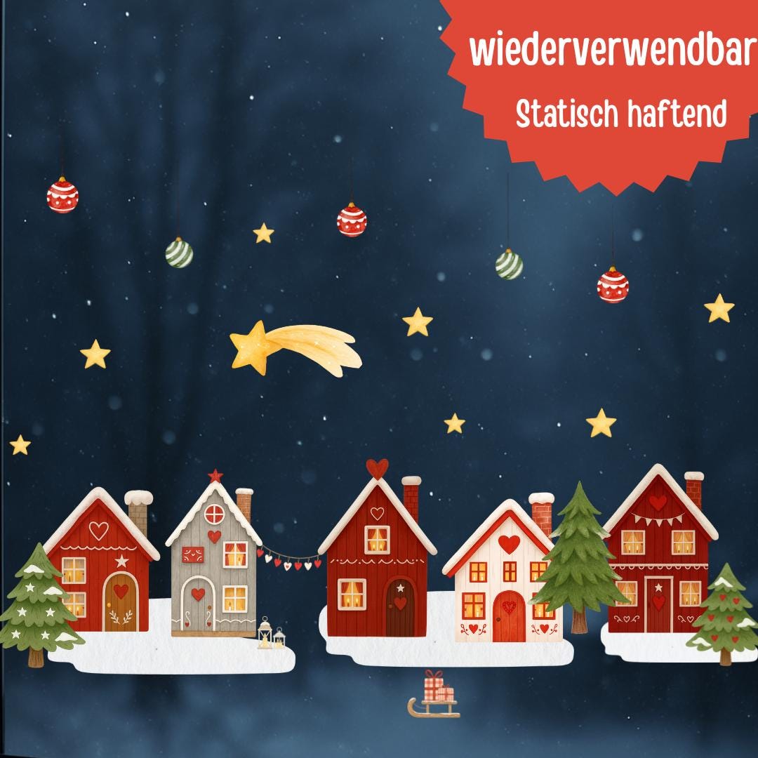 Fensterbild Weihnachten - skandinavische Häuserreihe mit Tannen – statisch haftend & wiederverwendbar – nordische Weihnachtsdeko – 