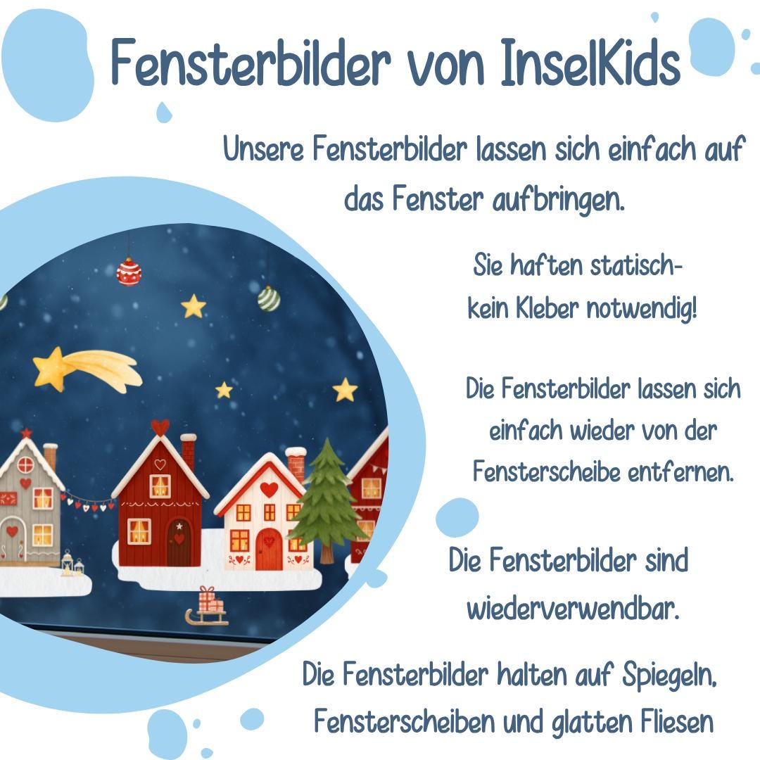 Fensterbild Weihnachten - skandinavische Häuserreihe mit Tannen – statisch haftend & wiederverwendbar – nordische Weihnachtsdeko – 