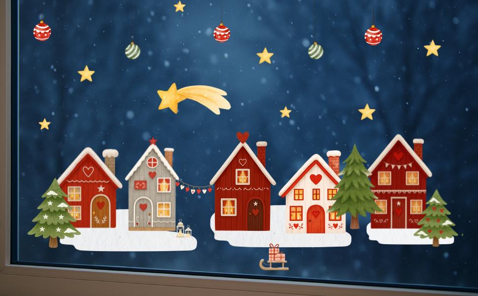 Fensterbild Weihnachten - skandinavische Häuserreihe mit Tannen – statisch haftend & wiederverwendbar – nordische Weihnachtsdeko – 