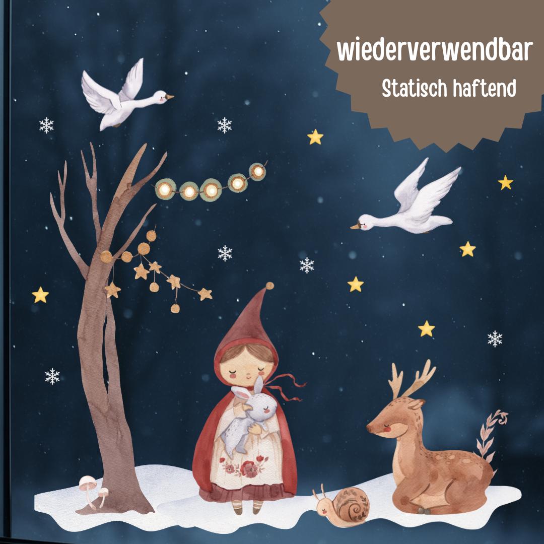 Fensterbild Weihnachten Märchen - statisch haftend & wiederverwendbar – märchenhafte Weihnachtsdeko Fenster mit Reh und Wintermotiv – 