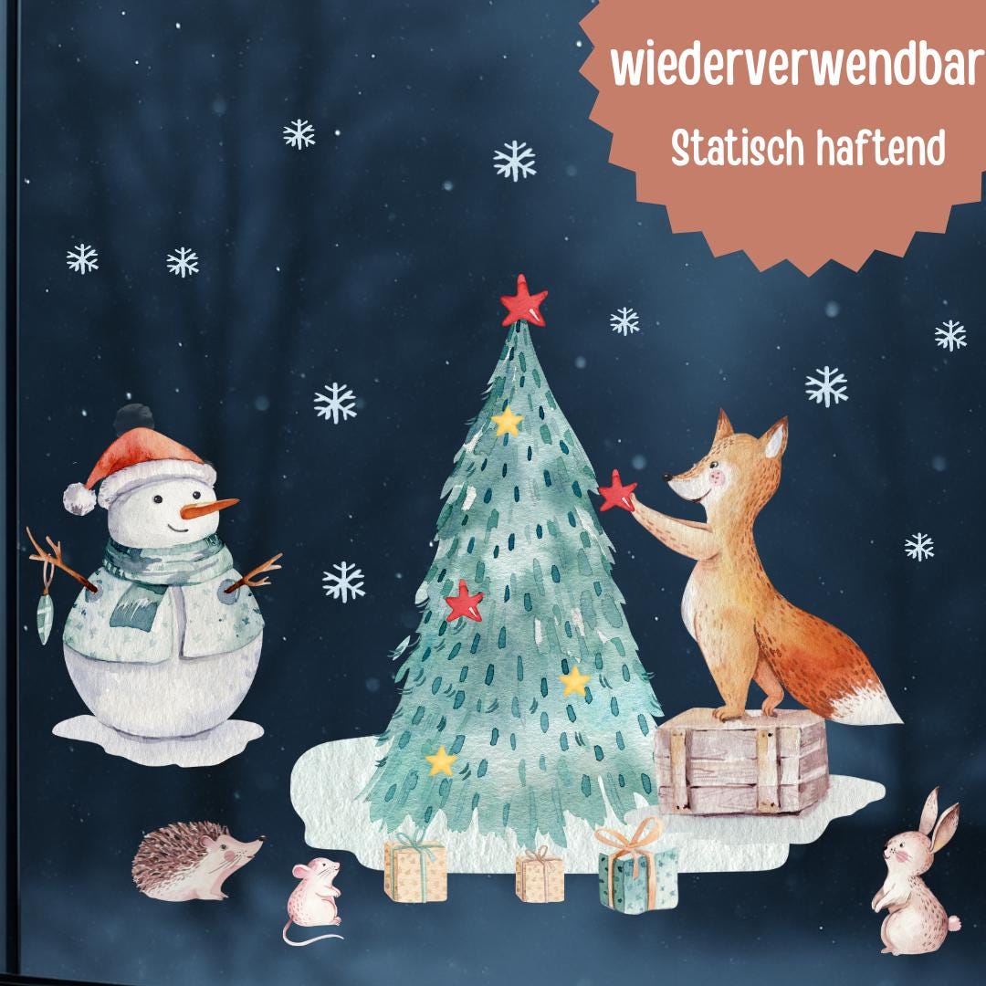 Fensterbild Weihnachten Fuchs & Schneemann - statisch haftend und wiederverwendbar – winterliche Fensterdeko mit Tannenbaum – 