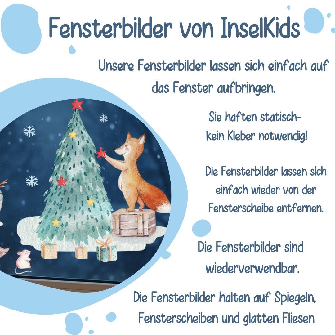 Fensterbild Weihnachten Fuchs & Schneemann - statisch haftend und wiederverwendbar – winterliche Fensterdeko mit Tannenbaum – 