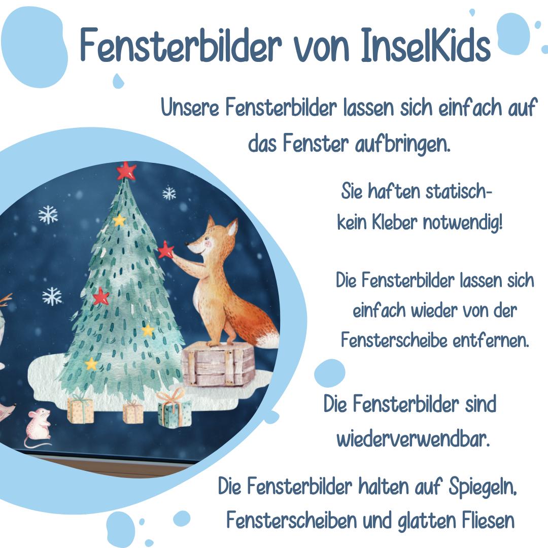 Fensterbild Weihnachten Fuchs & Schneemann - statisch haftend und wiederverwendbar – winterliche Fensterdeko mit Tannenbaum – 
