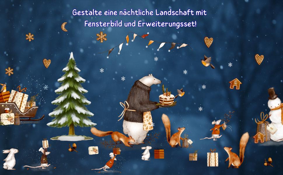 Fensterbild Weihnachten Bär - statisch haftend & wiederverwendbar – Winterwald Deko mit Maus, Eichhörnchen – 