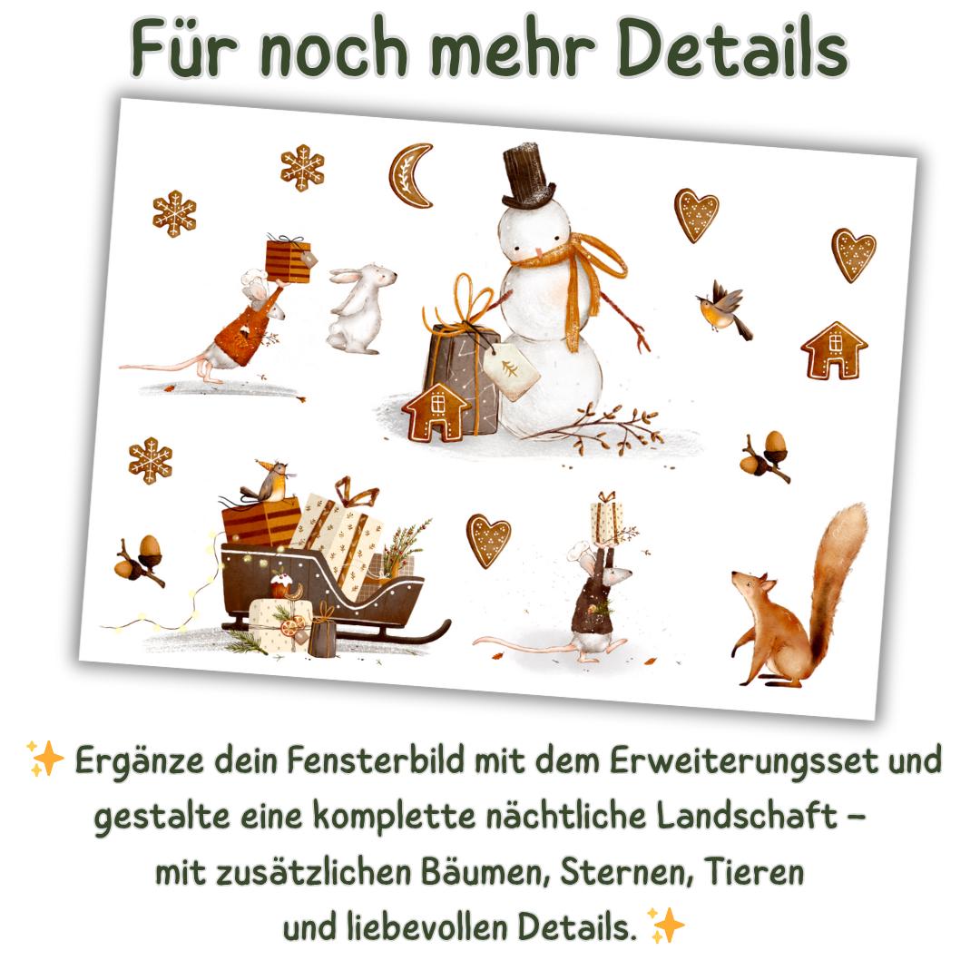 Fensterbild Weihnachten Bär - statisch haftend & wiederverwendbar – Winterwald Deko mit Maus, Eichhörnchen – 