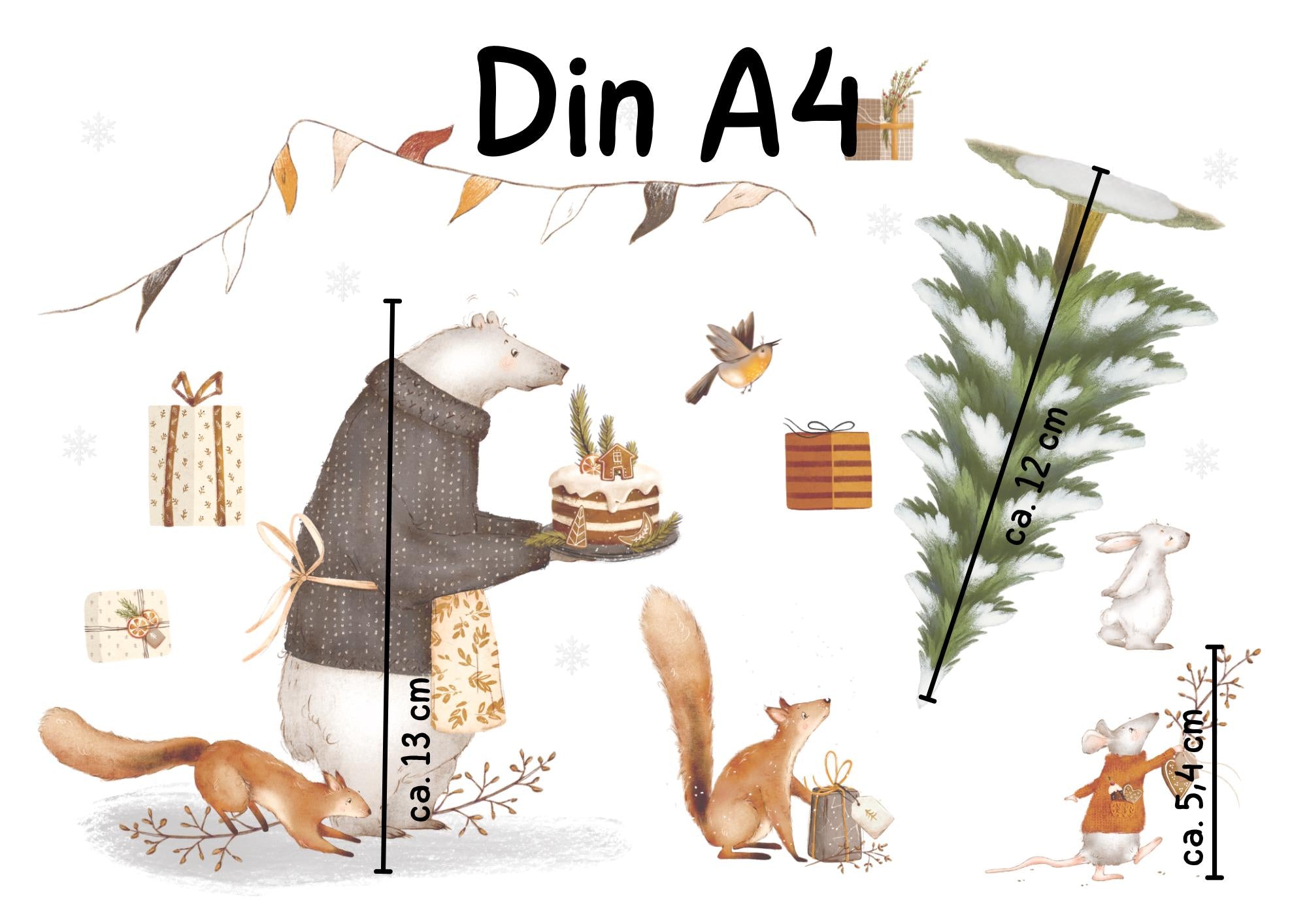 Fensterbild Weihnachten Bär - statisch haftend & wiederverwendbar – Winterwald Deko mit Maus, Eichhörnchen – 