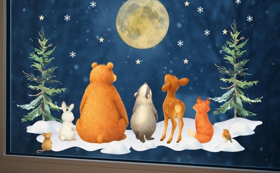 Fensterbild Winterwald Tiere - Bär, Reh & Fuchs unter dem Mond – statisch haftend und wiederverwendbar – winterliche Fensterdeko – 