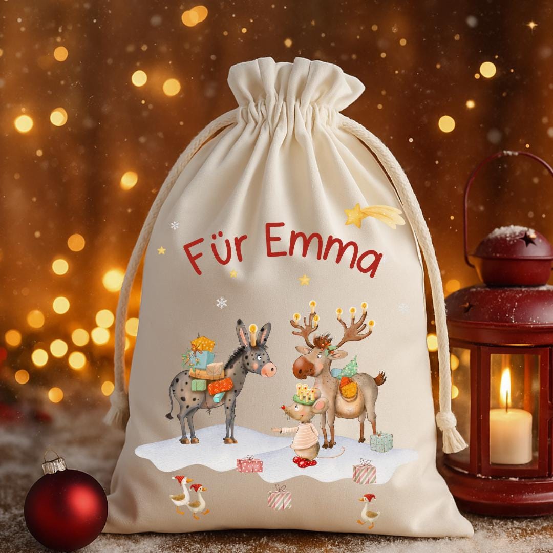 Geschenksack Weihnachten - personalisiert mit Name – Esel, Elch & Maus mit Geschenken – nachhaltiger Nikolaussack Kinder – Gift Wrapping