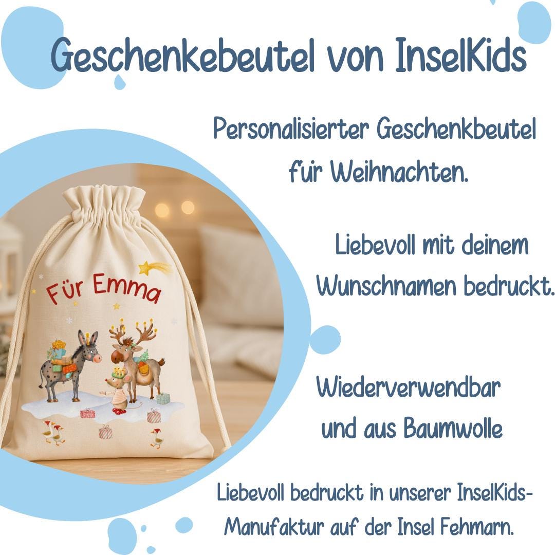 Geschenksack Weihnachten - personalisiert mit Name – Esel, Elch & Maus mit Geschenken – nachhaltiger Nikolaussack Kinder – Gift Wrapping