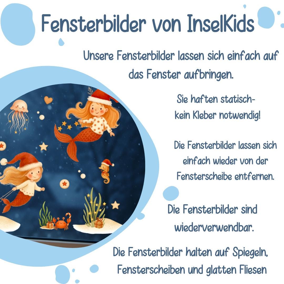 Fensterbild Weihnachten -Meerjungfrauen & Meerestiere – statisch haftend und wiederverwendbar – Unterwasser Weihnachtsdeko – 