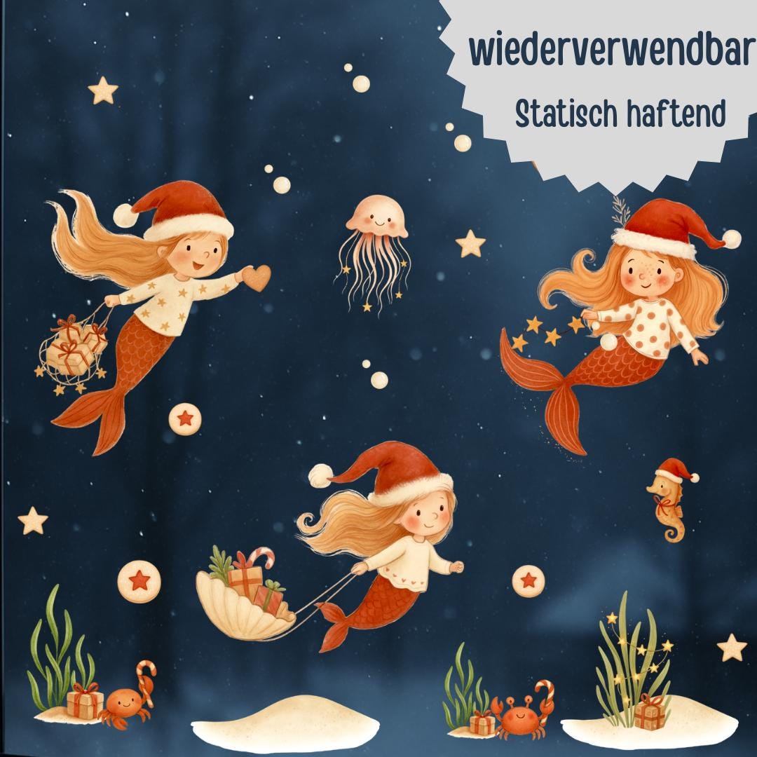 Fensterbild Weihnachten -Meerjungfrauen & Meerestiere – statisch haftend und wiederverwendbar – Unterwasser Weihnachtsdeko – 