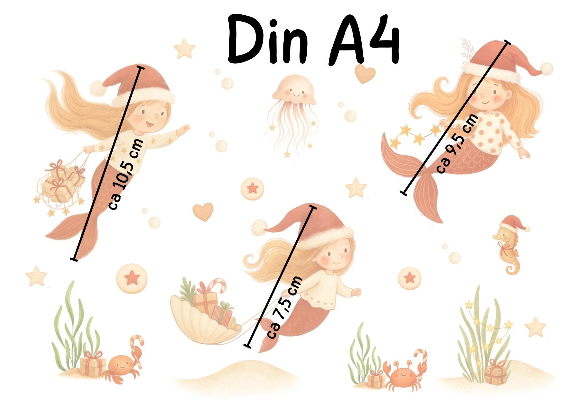 Fensterbild Weihnachten -Meerjungfrauen & Meerestiere – statisch haftend und wiederverwendbar – Unterwasser Weihnachtsdeko – 