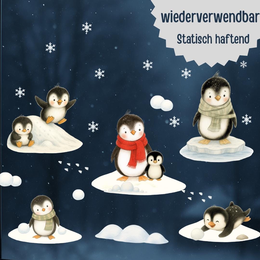 Fensterbild Winter - Pinguine im Schnee – statisch haftend & wiederverwendbar – liebevoll illustriert im Aquarellstil für zimmer – 