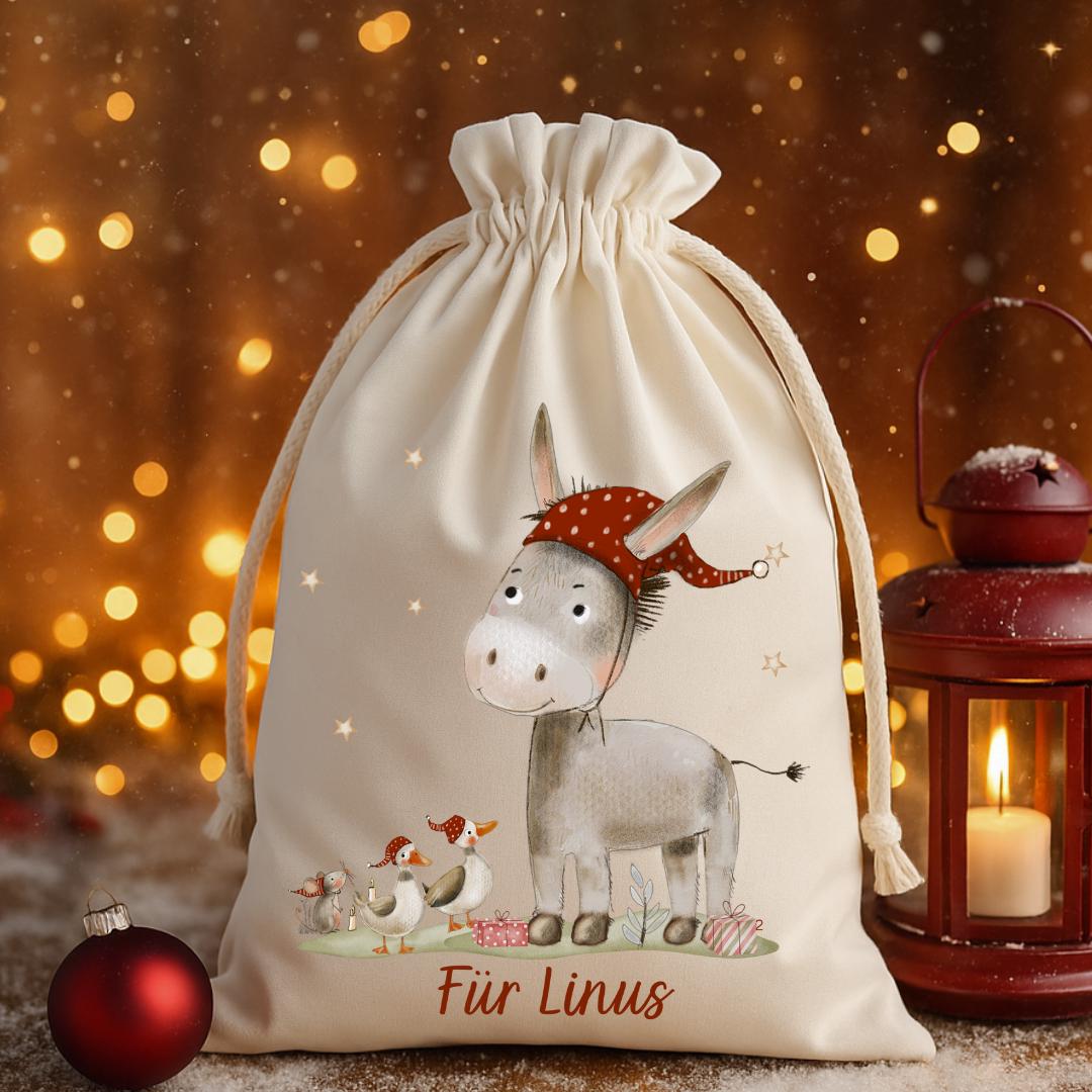 Geschenksack Weihnachten - personalisiert mit Name – Esel mit Mütze – nachhaltiger Nikolaussack Kinder im Aquarellstil – Gift Wrapping
