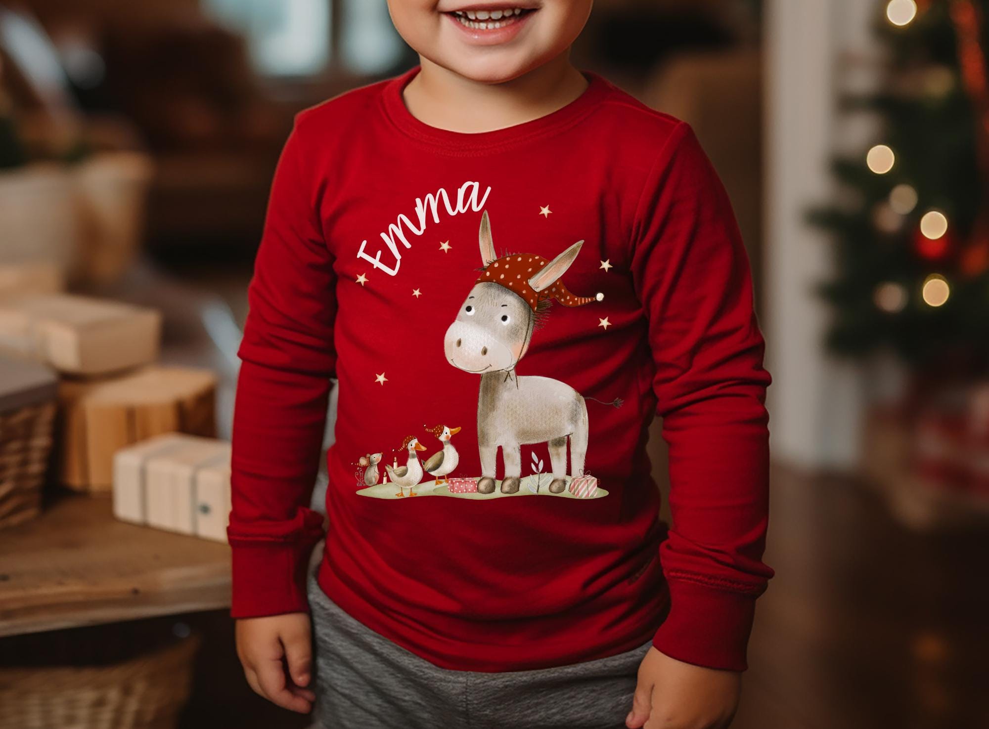 Langarmshirt Weihnachten Esel- personalisiert mit Name – Weihnachtsshirt für Kinder – T-shirts