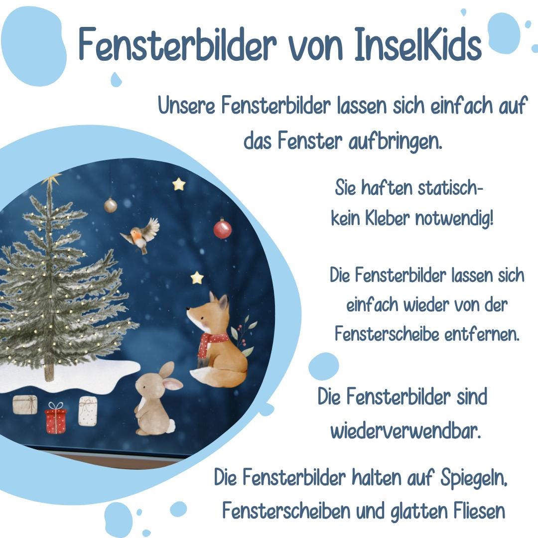 Fensterbild Weihnachten - Tiere um Weihnachtsbaum – statisch haftend & wiederverwendbar – liebevolle Fensterdeko – 