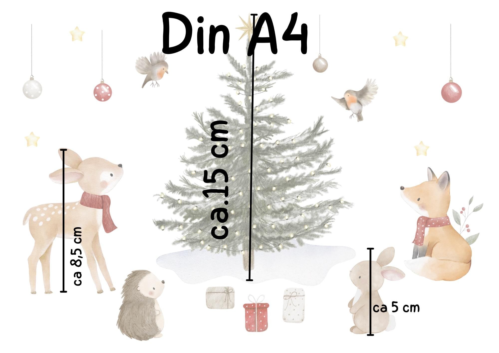 Fensterbild Weihnachten - Tiere um Weihnachtsbaum – statisch haftend & wiederverwendbar – liebevolle Fensterdeko – 
