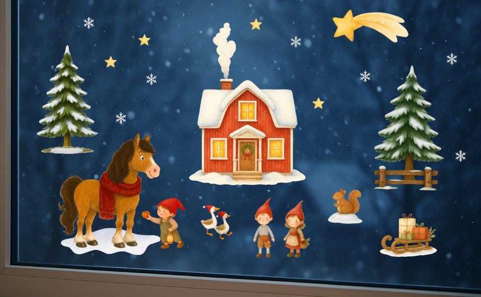 Fensterbild Weihnachten - skandinavischer Hof mit Pferd & Wichteln – statisch haftend und wiederverwendbar – nordische Weihnachtsdeko – 