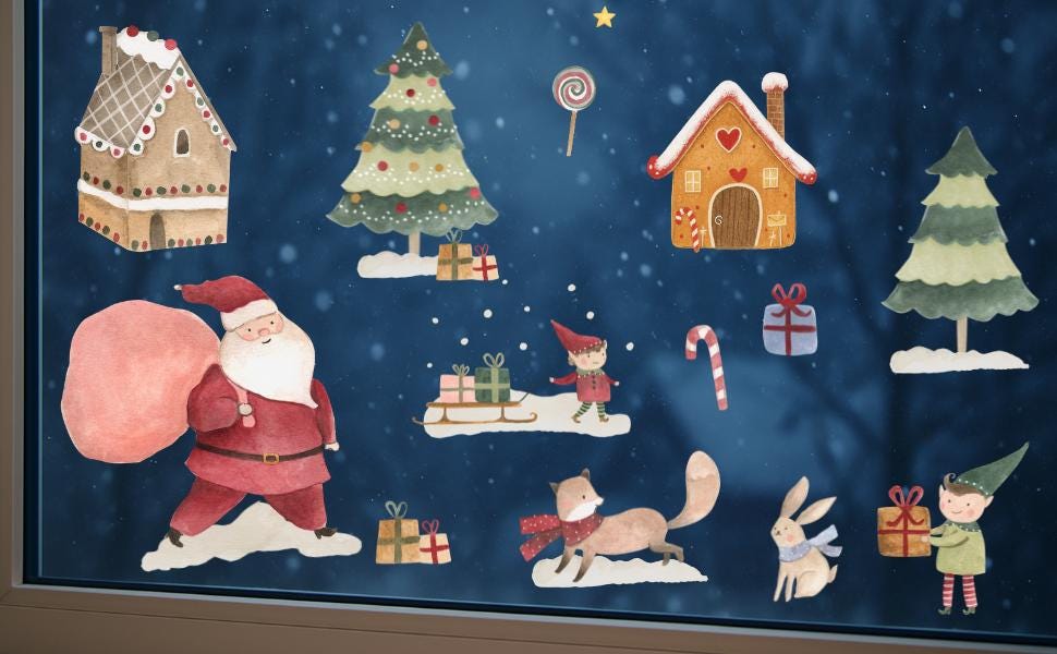 Fensterbild Weihnachten - Weihnachtsmann, Wichtel & Lebkuchenhaus – statisch haftend und wiederverwendbar – festliche Fensterdeko – 