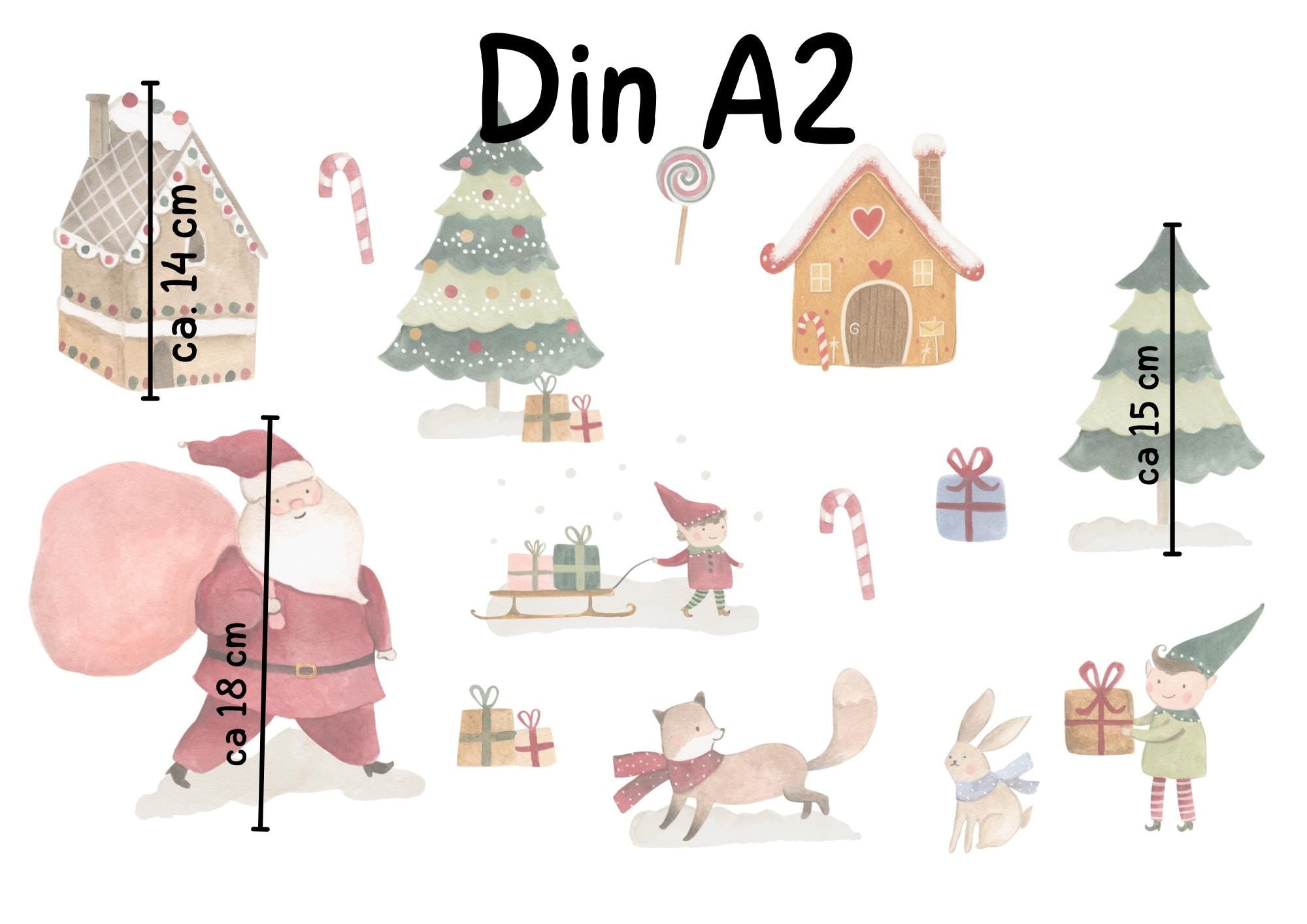 Fensterbild Weihnachten - Weihnachtsmann, Wichtel & Lebkuchenhaus – statisch haftend und wiederverwendbar – festliche Fensterdeko – 