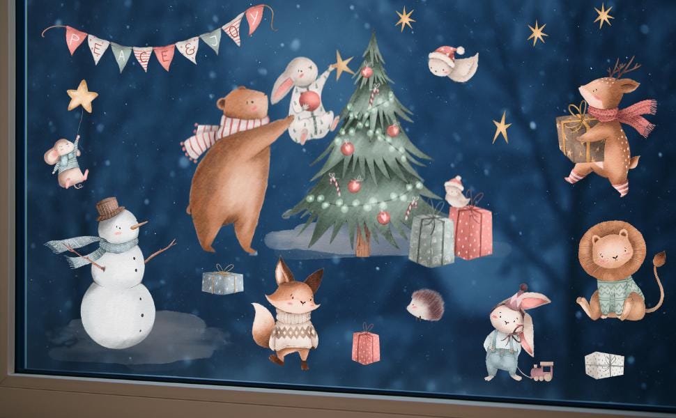 Fensterbild Weihnachten - Wintertiere mit Geschenken & Weihnachtsbaum – statisch haftend und wiederverwendbar – 
