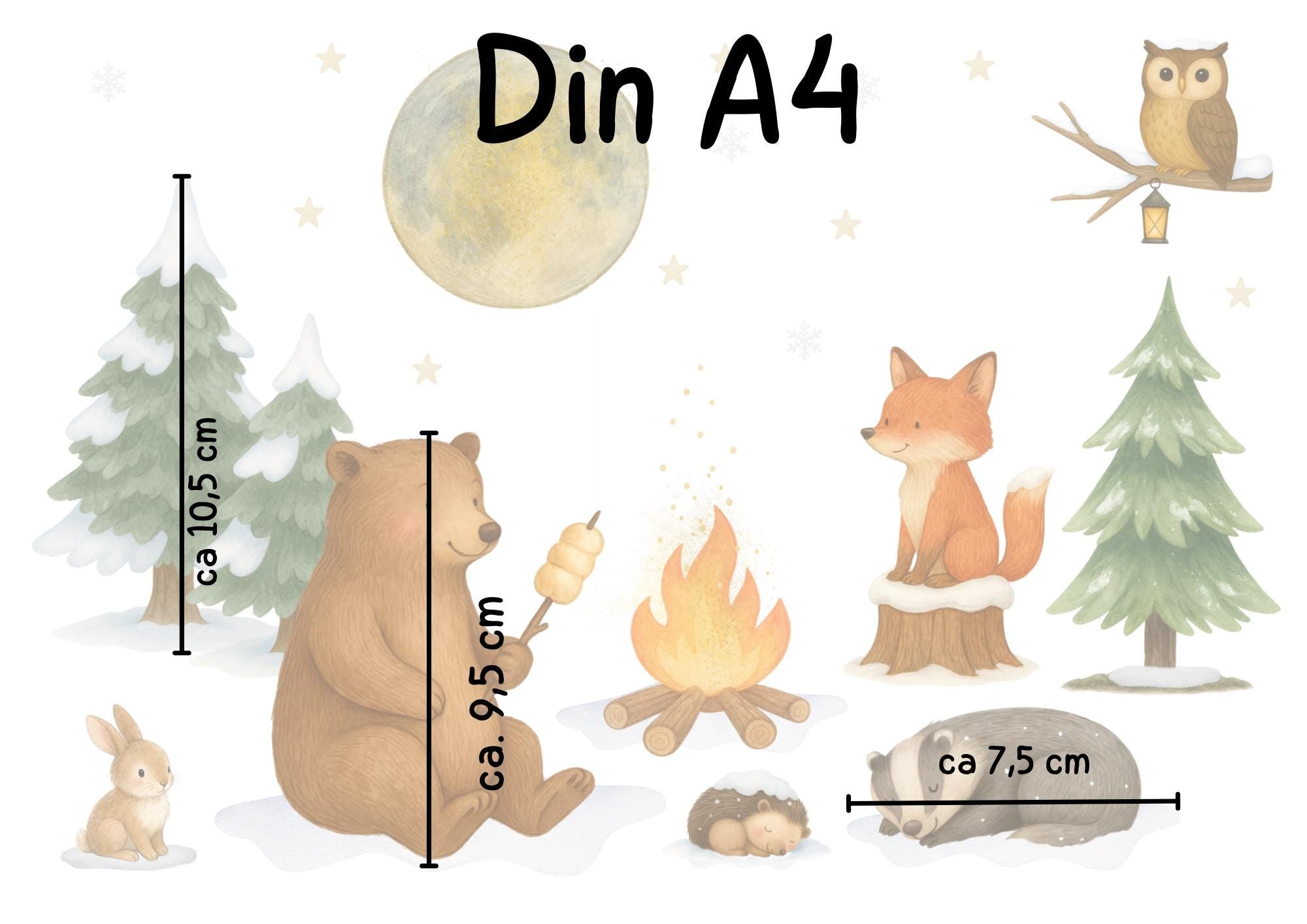 Fensterbild Winterwald Tiere - Bär & Fuchs am Lagerfeuer – statisch haftend und wiederverwendbar – winterliche Fensterdeko – 