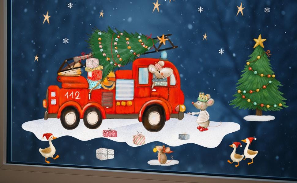 Weihnachtsfensterbild Feuerwehr – Mäuse, Tannenbaum und Geschenke – statisch haftend & wiederverwendbar – 