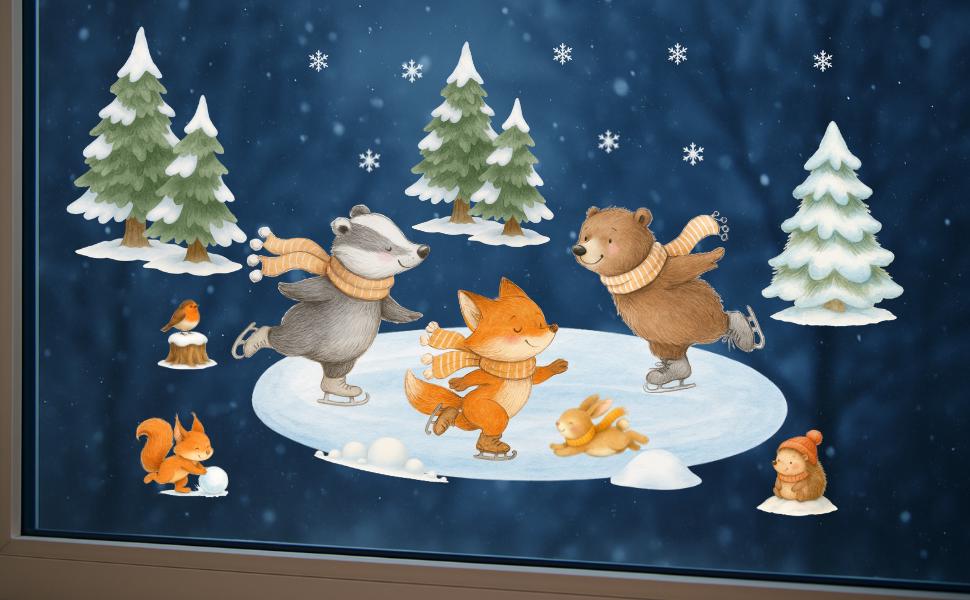 Fensterbild Wintertiere - Bär, Fuchs & Dachs beim Eislaufen – statisch haftend und wiederverwendbar – winterliche Fensterdeko – 