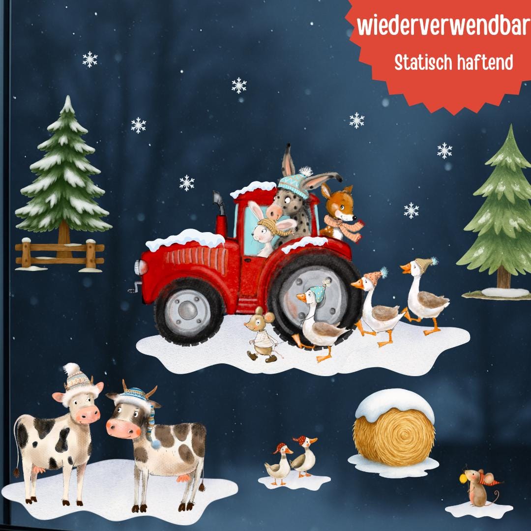 Fensterbild Winter Bauernhof - mit Traktor & Bauernhoftieren – statisch haftend und wiederverwendbar – winterliche Fensterdeko – 