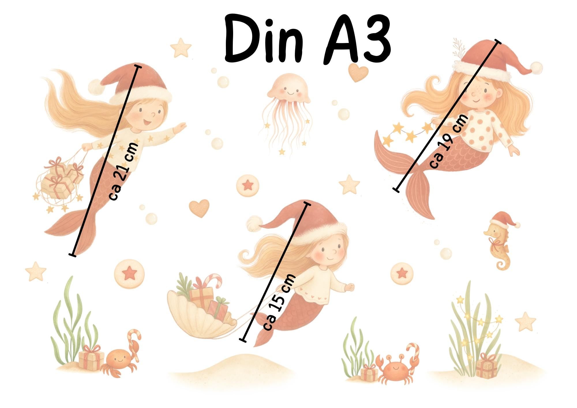 Fensterbild Weihnachten -Meerjungfrauen & Meerestiere – statisch haftend und wiederverwendbar – Unterwasser Weihnachtsdeko – 