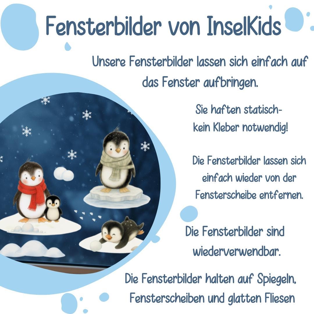 Fensterbild Winter - Pinguine im Schnee – statisch haftend & wiederverwendbar – liebevoll illustriert im Aquarellstil für zimmer – 