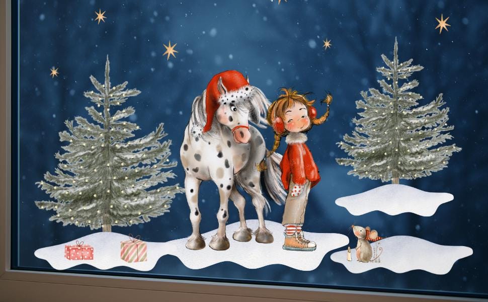 Weihnachtsfensterbild & Pferd – Winterwald, niedliche Szene, statisch haftend und wiederverwendbar – 