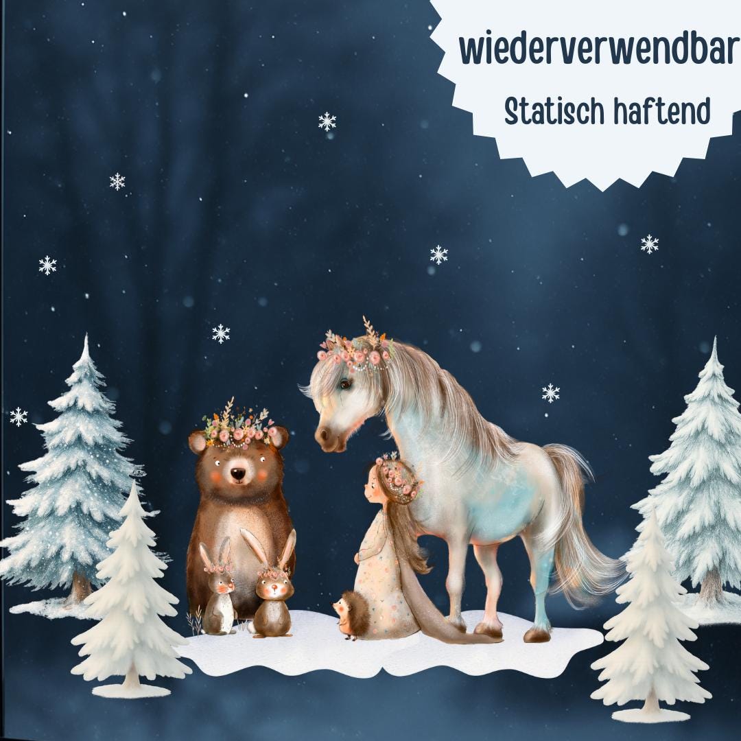 Winter-Fensterbild Pferd & Waldtiere – märchenhafte Winterwald-Deko – statisch haftend und wiederverwendbar – 