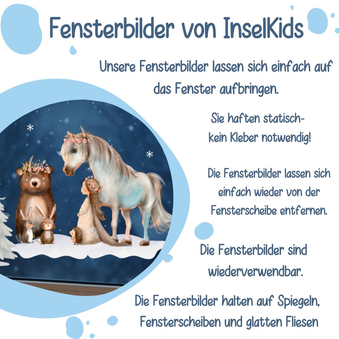 Winter-Fensterbild Pferd & Waldtiere – märchenhafte Winterwald-Deko – statisch haftend und wiederverwendbar – 
