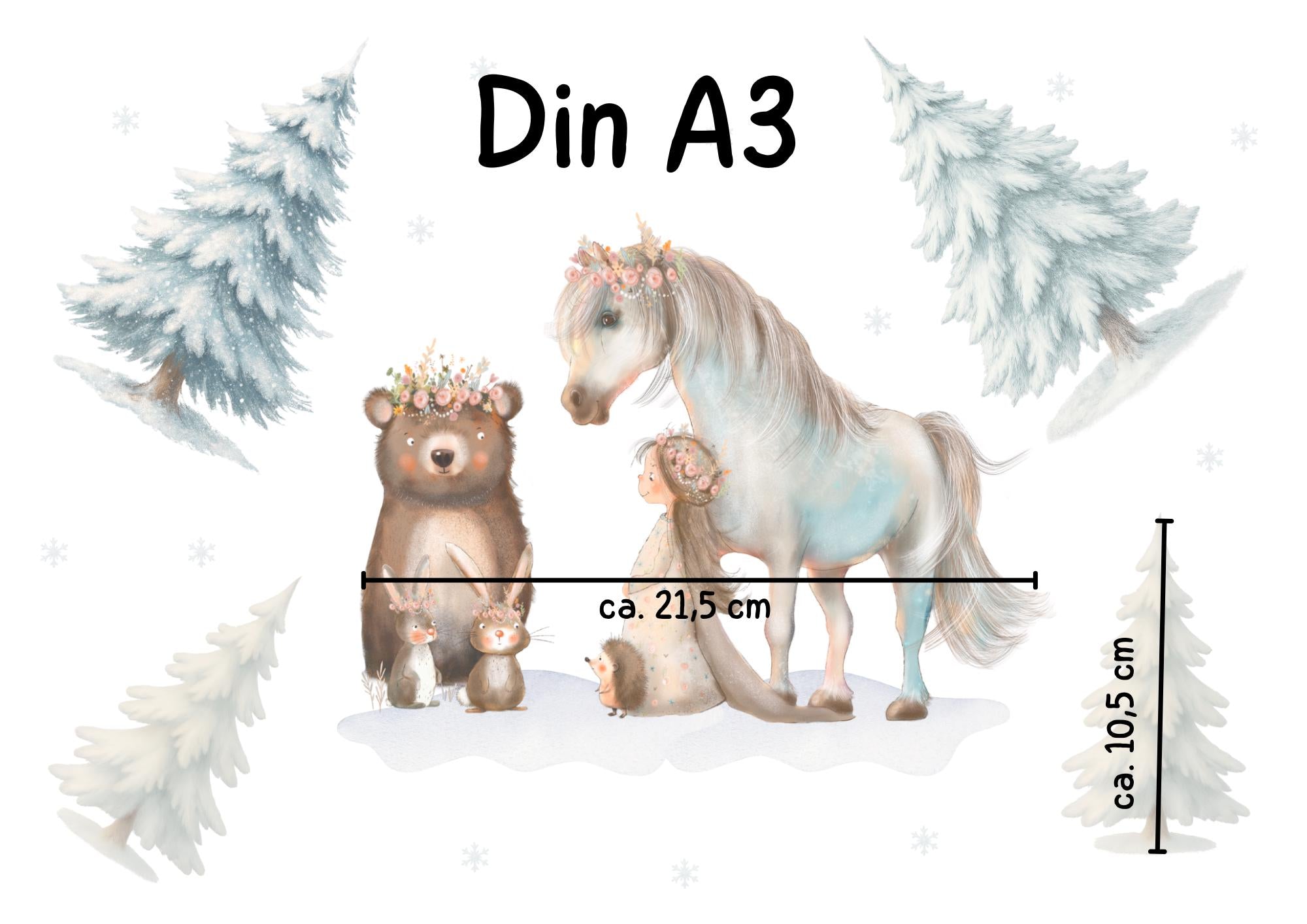 Winter-Fensterbild Pferd & Waldtiere – märchenhafte Winterwald-Deko – statisch haftend und wiederverwendbar – 