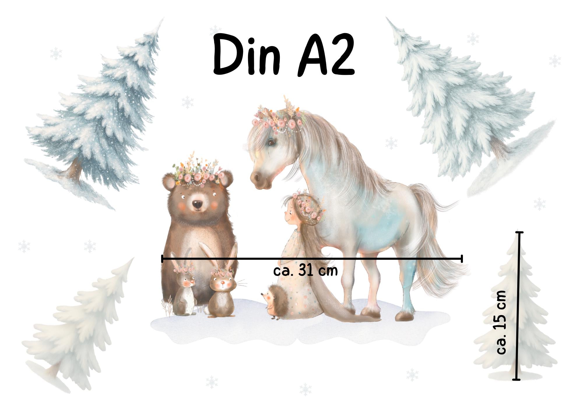 Winter-Fensterbild Pferd & Waldtiere – märchenhafte Winterwald-Deko – statisch haftend und wiederverwendbar – 
