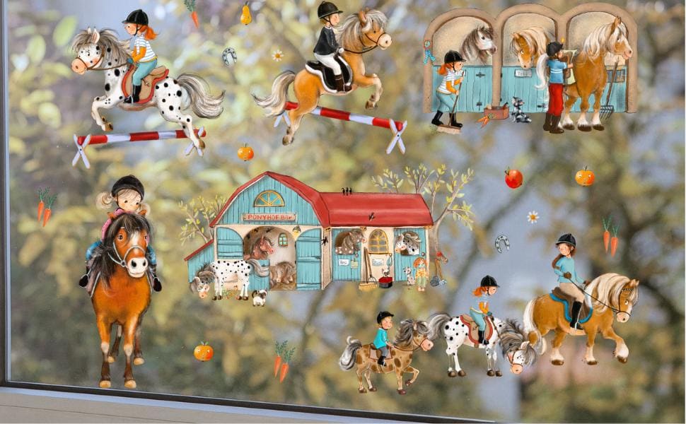 Fensterbild Ponyhof – Pferde & Reiterkinder – liebevolle Kinderzimmer-Deko, statisch haftend und wiederverwendbar – 