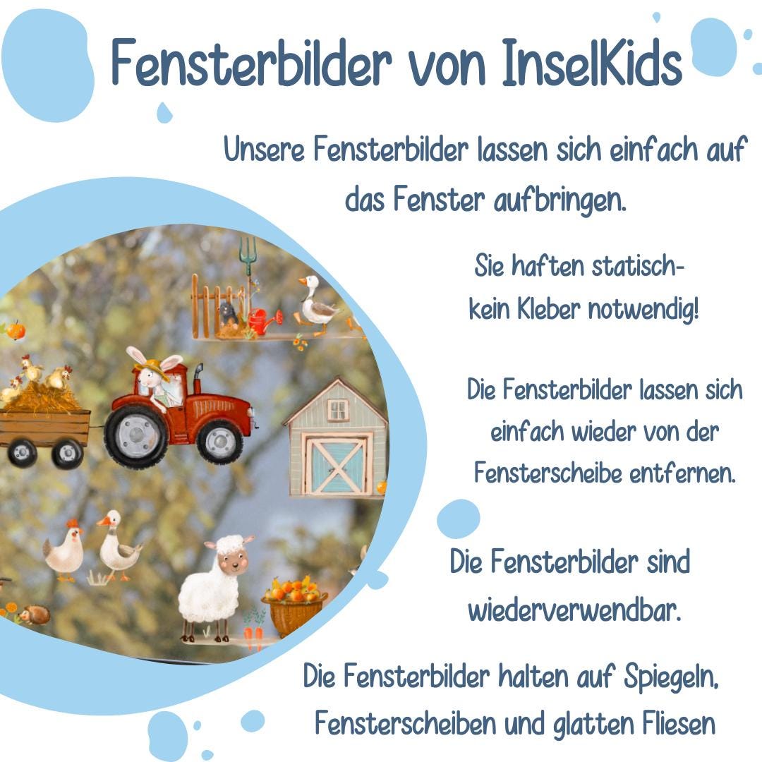 Fensterbild Bauernhof – niedliche Tiere & Traktor – statisch haftend und wiederverwendbar – zimmer Deko – 