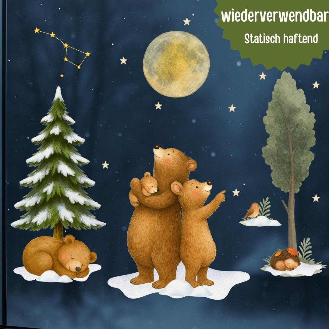Fensterbild Bärenfamilie – Winterwald & Mond – statisch haftend und wiederverwendbar - winterliche Fensterdeko – 