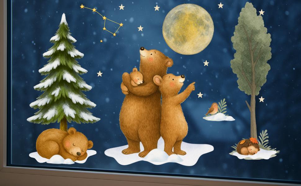 Fensterbild Bärenfamilie – Winterwald & Mond – statisch haftend und wiederverwendbar - winterliche Fensterdeko – 
