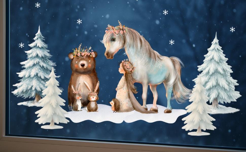Winter-Fensterbild Pferd & Waldtiere – märchenhafte Winterwald-Deko – statisch haftend und wiederverwendbar – 