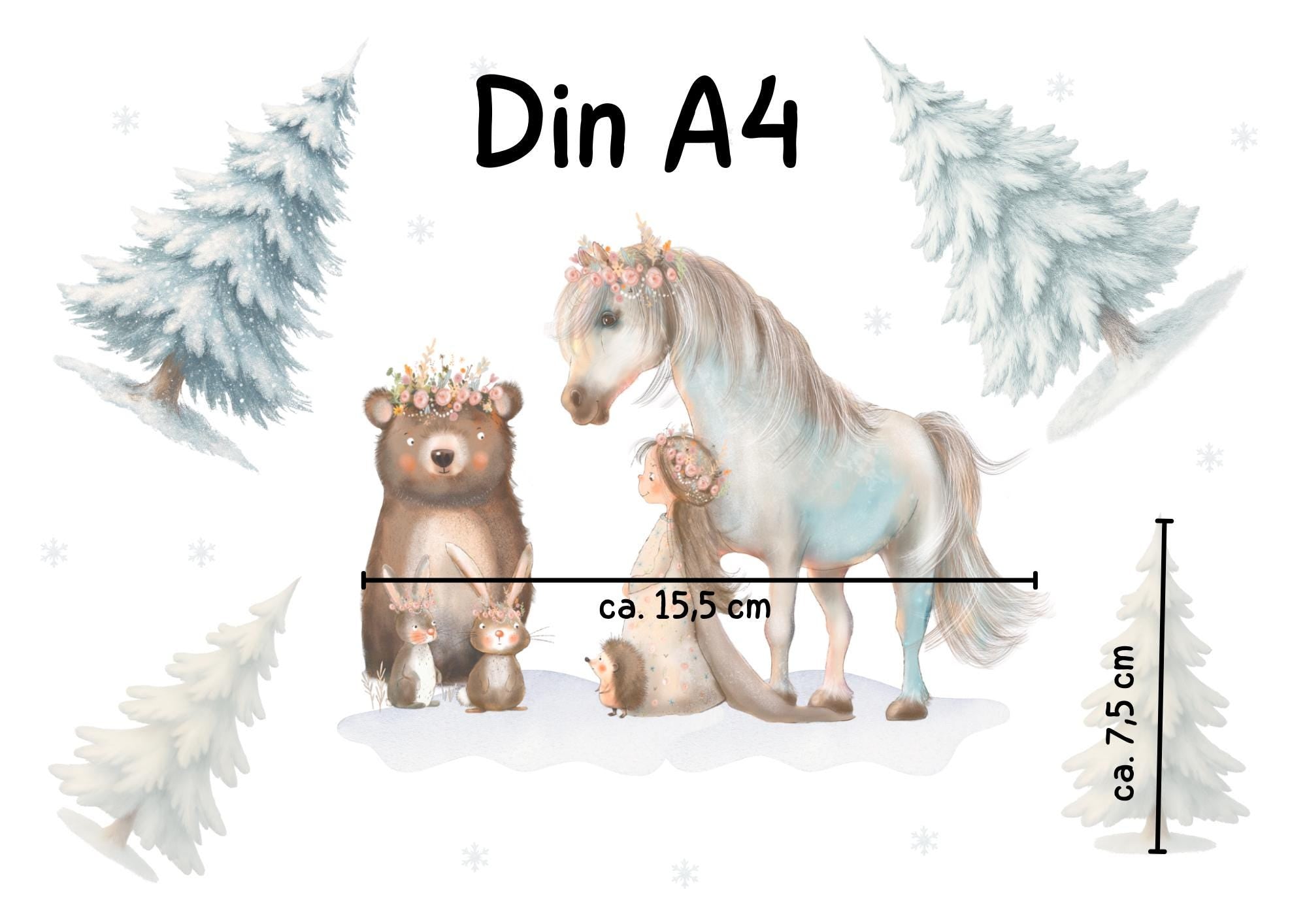 Winter-Fensterbild Pferd & Waldtiere – märchenhafte Winterwald-Deko – statisch haftend und wiederverwendbar – 