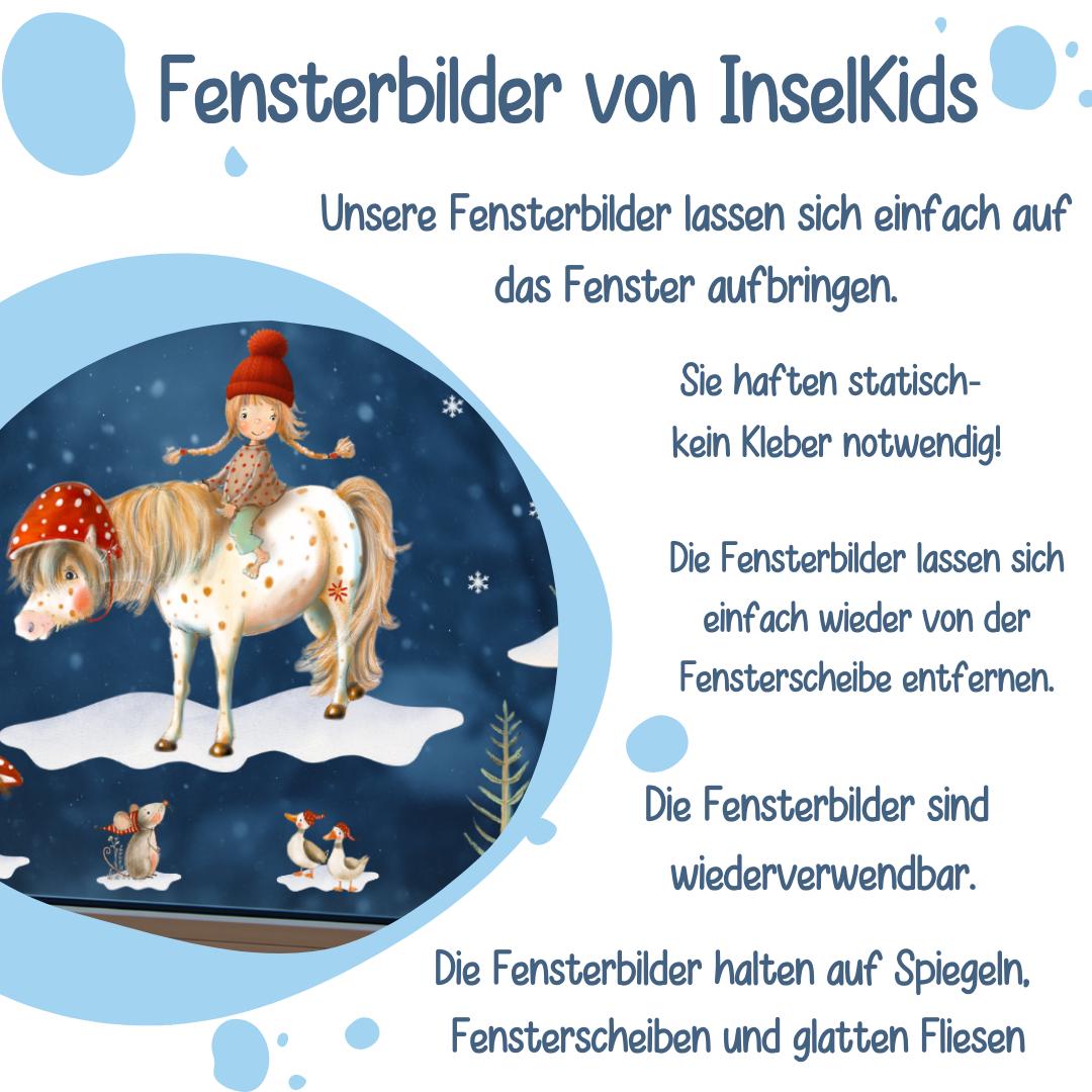 Winter-Fensterbild Pony und Waldtiere – märchenhafte Winterlandschaft für Kinder – statisch haftend & wiederverwendbar – 