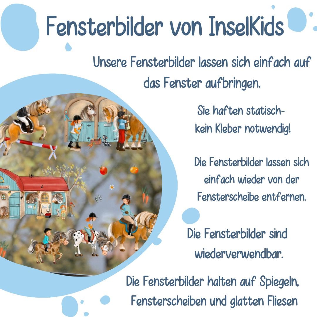 Fensterbild Ponyhof – Pferde & Reiterkinder – liebevolle Kinderzimmer-Deko, statisch haftend und wiederverwendbar – 