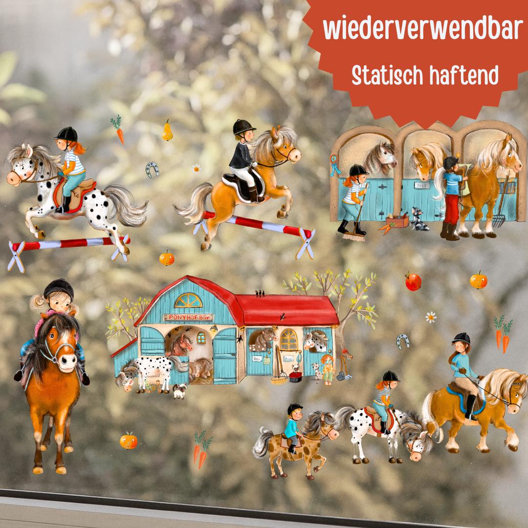 Fensterbild Ponyhof – Pferde & Reiterkinder – liebevolle Kinderzimmer-Deko, statisch haftend und wiederverwendbar – 