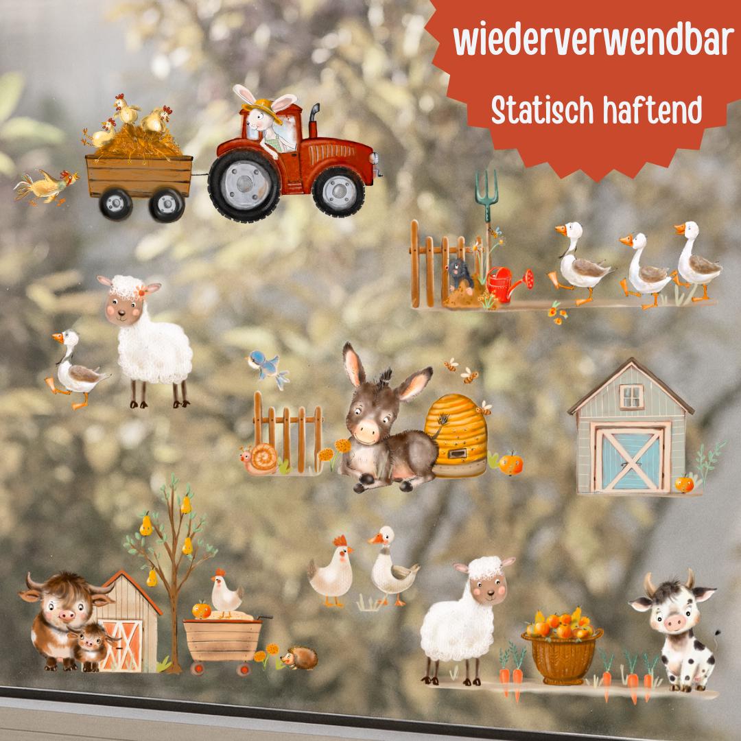 Fensterbild Bauernhof – niedliche Tiere & Traktor – statisch haftend und wiederverwendbar – Kinderzimmer Deko – 